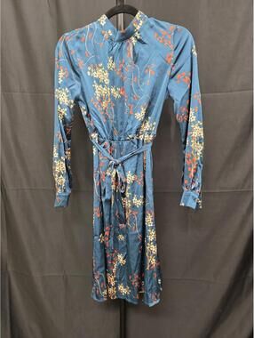 Allegra K Mock Neck Satin Floral Long Sleeve Swing Knee Length Dress Blue XS